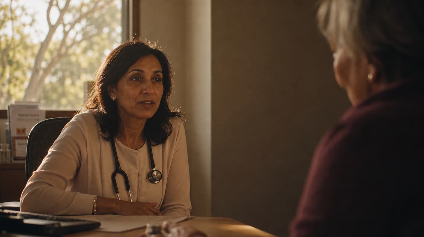 A general practitioner in conversation with a patient in a suburban Australian consulting room